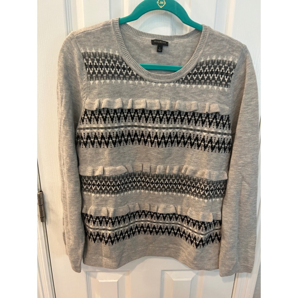 Talbots Sweater Grey Fair Isle Ruffle Lambswool Blend Crewneck Pullover Knit L